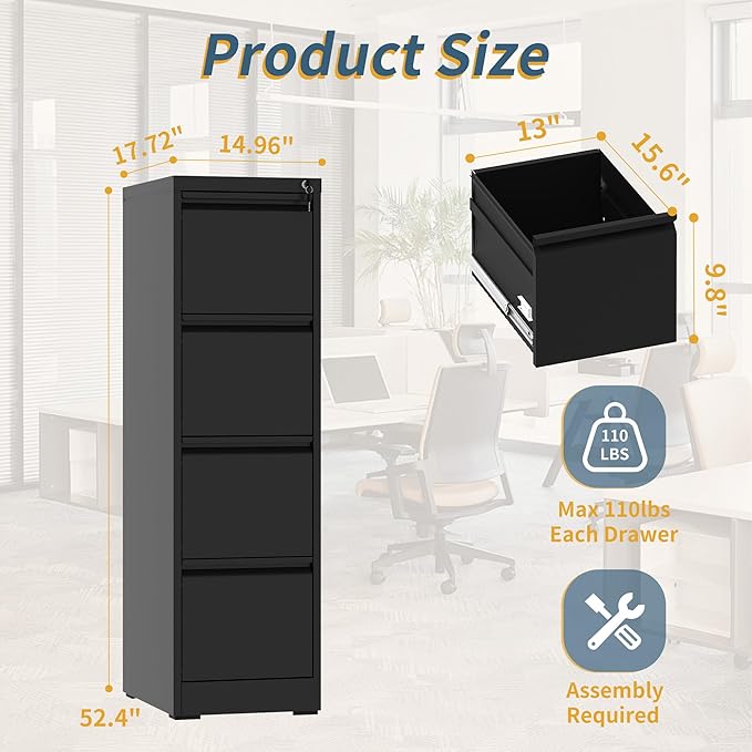 4 Drawer File Cabinet with Lock, Vertical Filing Cabinets for Home Office, Metal Storage Cabinets, Heavy Duty File Cabinet for Letter/Legal/A4/F4 Size Amsseble Required, Black
