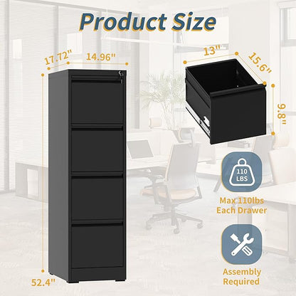 4 Drawer File Cabinet with Lock, Vertical Filing Cabinets for Home Office, Metal Storage Cabinets, Heavy Duty File Cabinet for Letter/Legal/A4/F4 Size Amsseble Required, Black