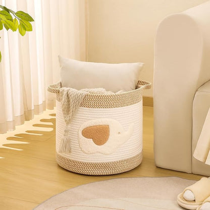 Large Blanket Baskets for Living Room Decor, Toy Storage Baskets Woven Cotton Rope Storage Basket for Kids, Dog Toys Organizer Clothes Hamper with Embroidery Decor for NurseryLaundry (Large, Elephant)