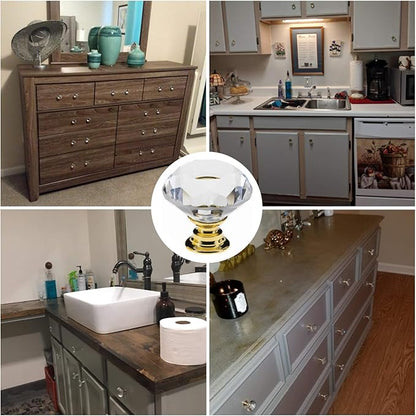 YourGift 6 Pack Drawer Knobs Diamond Shaped Crystal Glass 30mm Cabinet Knobs Pull Handles (30 mm, 6 Pack, Gold)