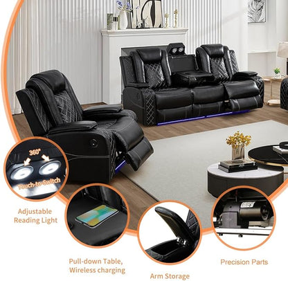 Black Leather Power Recliner Sofa and 2 Chairs Sets with Arm Storage and LED, Leather Living Room Reclining Sofa with Read Lights, Power Recliner Chair with Cup Holders for Home/Office