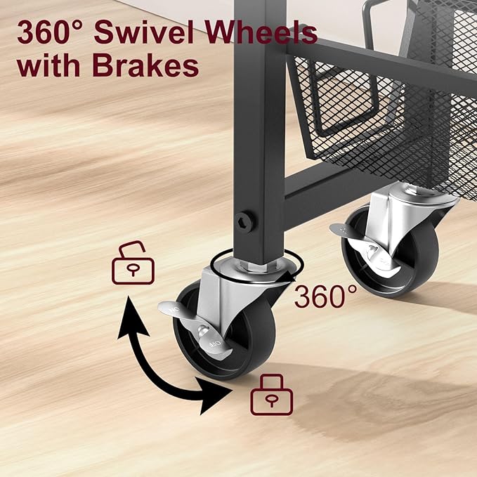 Slim Rolling Cart, 5-Tier Storage Cart, 9.1inch Narrow Kitchen Rolling Cart on Wheels for Small Space, Utility Cart Shelving Unit with Wooden Top and Metal Handle for Kitchen, Bathroom, Laundry Room