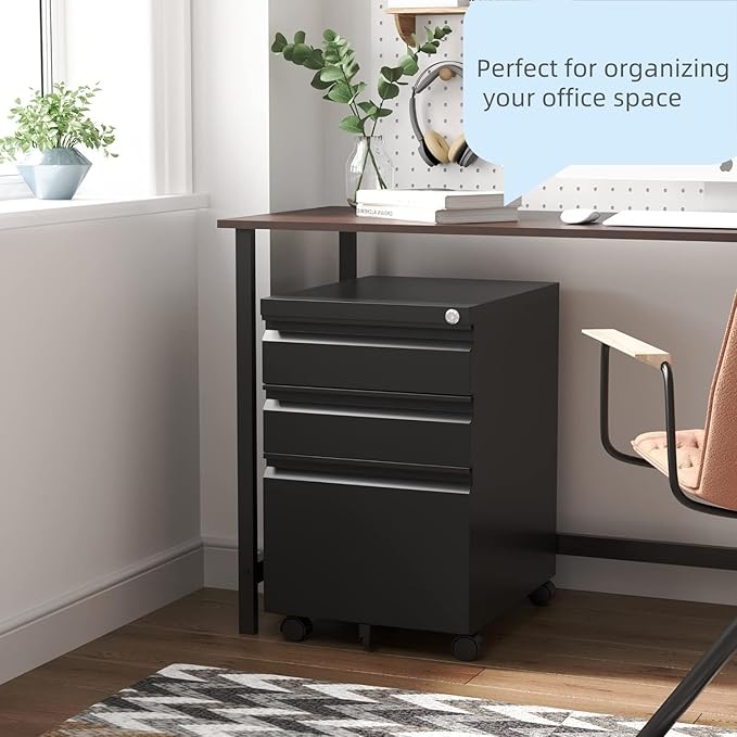 Filing Cabinets for Home Office, Mobile File Cabinet with Lock, 3 Drawer Filing Cabinet for A4/Letter/Legal Size Folder, Fully Assembled Except Casters, Matte Black