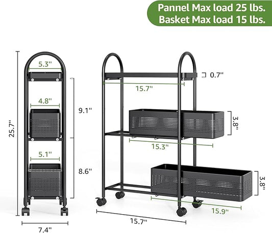 KINGRACK 3-Tier Slim Storage Cart with Pull Out Basket, Rolling Bathroom Organizer Utility, Metal Shelving Unit Slide Out, Lockable Wheels, Easy Assembly for Narrow Place, Kitchen, Laundry Room, Black