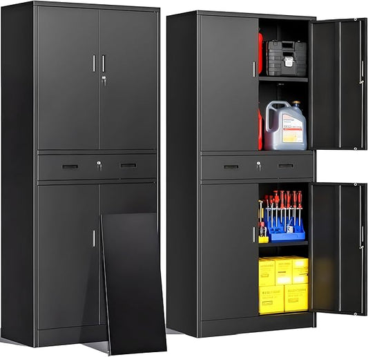 CJF Metal Storage Cabinet, 71" H Locking Storage Cabinet with Drawer and Adjustable Shelves, Steel Cabinets for Garage, Home Office, Kitchen (Black)