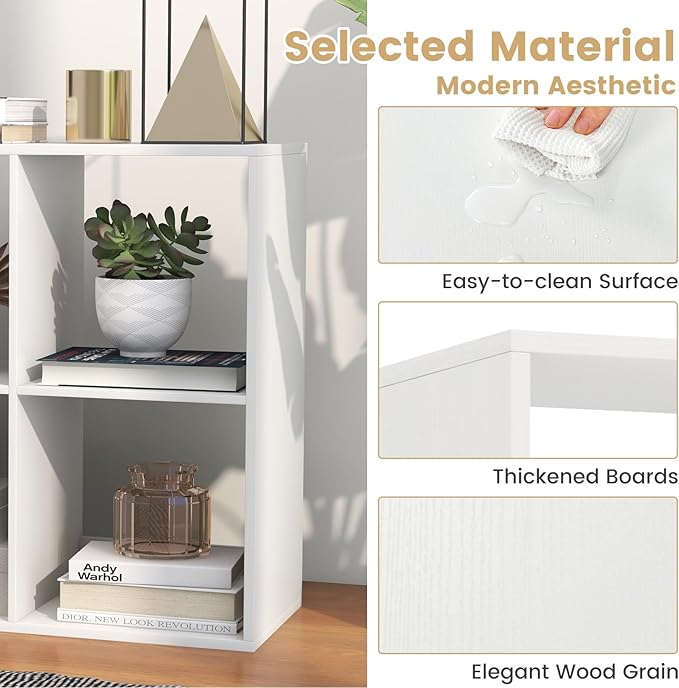 Giantex 6-Cube Bookcase, White Cubby Bookshelf w/Back Guardrail & Anti-Tipping Kits, 9-Tier Freestanding Storage Organizer with Shelves, Open Back Display Rack for Living Room, Bedroom, Study