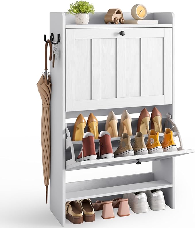 Gizoon Shoe Cabinet with 2 Flip Drawers, Slim Shoe Storage Cabinet for Entryway, Freestanding Narrow Rack with Open Storage, for Hallway, White