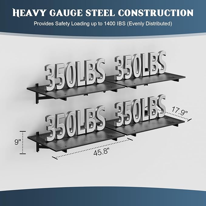 4 Pack Heavy Duty Garage Wall Shelving (1.5x4ft), 1400lbs Capacity Garage Shelving Wall Mounted, 18"x96"Garage Storage Rack Floating Shelves, Black