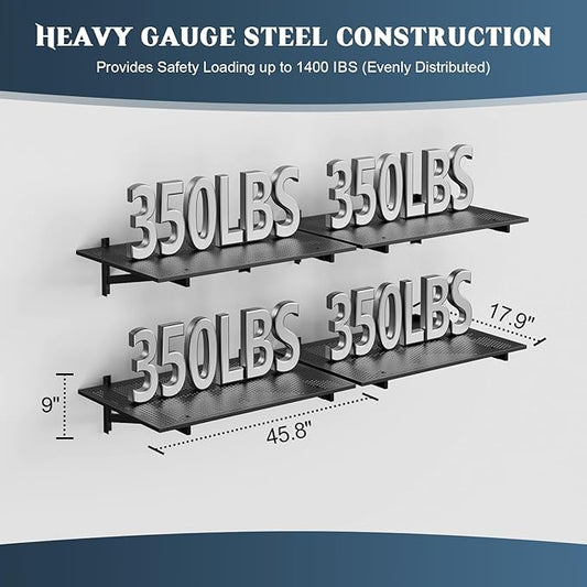 4 Pack Heavy Duty Garage Wall Shelving (1.5x4ft), 1400lbs Capacity Garage Shelving Wall Mounted, 18"x96"Garage Storage Rack Floating Shelves, Black