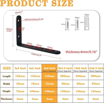 Alise 4mm Thick Floating Shelf Brackets,Black Bracket for Shelves,Heavy Duty L Bracket Corner Brace Joint Angle Bracket for Walls,6x4 Inch(Pack of 4)