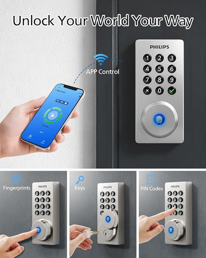 Philips Wi-Fi Door Lock, WiFi Smart Lock Keyless Entry Deadbolt for Front Door, Remote Control, Built-in WiFi, APP Fingerprint Passcode Unlock, Auto Locking