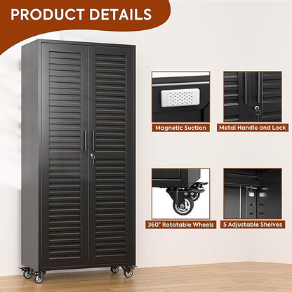 Garage Storage Cabinet with Wheels, 71" H Lockable Metal Storage Cabinet with 5 Adjustable Shelves for Garage,Warehouse, Home, Assembly Required, Black