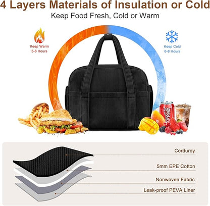 Corduroy Lunch Box Lunch Bag for Women Men, Cute Strawberry Small Insulated Reusable Work Leakproof Simple Lunch Boxes Tote Bag Adults Cooler Bag