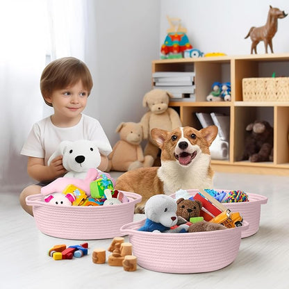 Small Baskets for Gifts Empty, 13"x 9"x 5" Woven Gift Basket with Bag and Ribbon, Cotton Rope Kids Dog Cat Toy Bin Box, Cute Baby Nursery Organizer, Decorative Storage with Handles (Pink)