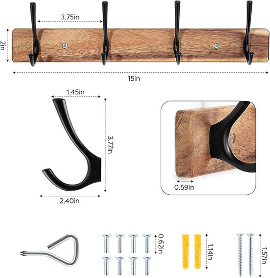 Yangbaga Coat Rack Wall Mount,Acacia Wood Coat Hooks Wall Mount,15" Wall Coat Rack with Heavy Duty 4-Double-Hooks,Hat Rack Wall Coat Hanger for Towel/Dog’s Leashes/Coat/Bag