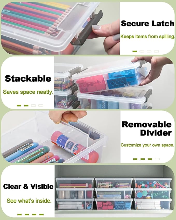 6 Pack Extra Large Pencil Box with Removable Divider, Thickened Pencil Case Bulk, Clear Crayon Marker Organizer Stackable Plastic Small Storage Containers for Pen Craft School Supplies (Multi)