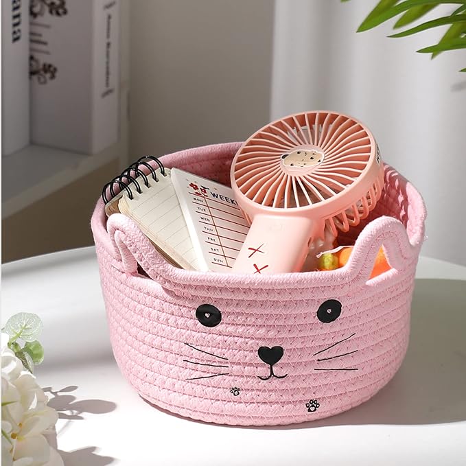 Zopeal Cat Basket Storage Woven Organizer with Ears Easter Decorative Gift Pet Toy Cute Cotton Rope Basket for Gift Cat Dog Toy Bin Nursery Room(8.3 x 4.7 Inch,Pink)