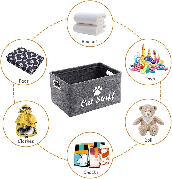 Felt Cat Toy Basket,Foldable Pet Toy Storage Bins with Handles, Pet Stuff Organizer for Indoor Cat,Kitten Toy Storage Bed for Organizing Cat Toys Treats Clothes and Accessories