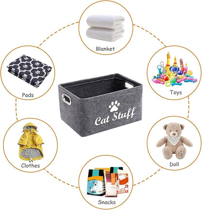 Felt Cat Toy Basket,Foldable Pet Toy Storage Bins with Handles, Pet Stuff Organizer for Indoor Cat,Kitten Toy Storage Bed for Organizing Cat Toys Treats Clothes and Accessories