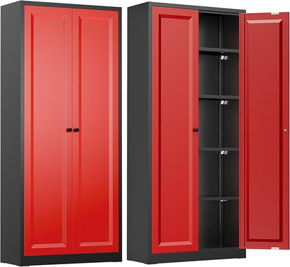 INTERGREAT Metal Storage Cabinet with Magnetic Doors, 63" H Traditional European Style Metal Cabinets with 2 Doors and 4 Adjustable Shelves for Home Office, Kitchen, Bathroom (Black Red)
