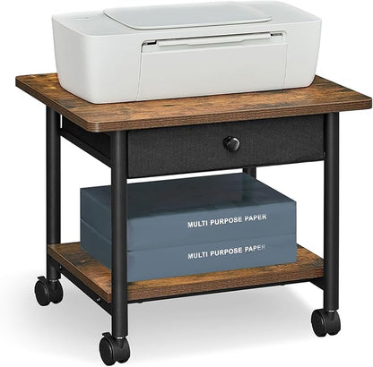 VASAGLE Heavy-Duty Printer Stand with Locking Wheels, 2-Tier with Drawer Industrial Mobile Cart with Storage Shelf, Printer Table for Home, Office, 15.6" Height, Rustic Brown and Black UOPS004B01
