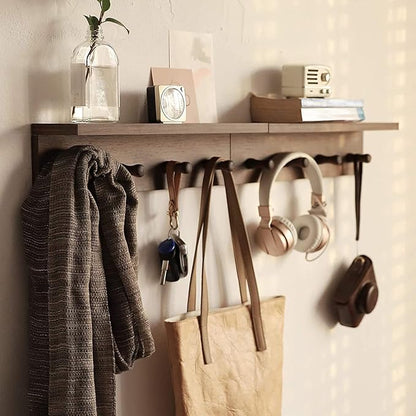 Entrance Coat Rack ，Coat Hooks, Wall-Mounted Wooden Hook Rack, Wall-Mounted Shelves are Very Suitable (Walnut Color Finish—A-1)