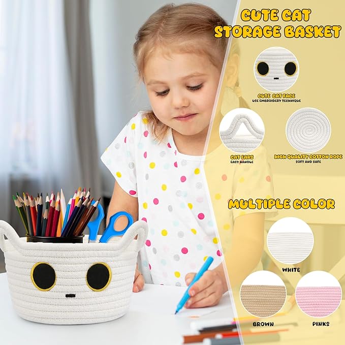 Small Storage Cute White Cat Cotton Rope Woven Basket for Nursery, Blanket Basket Organizer With Ears Toy Storage Bin Box 8.5×4.5 inches