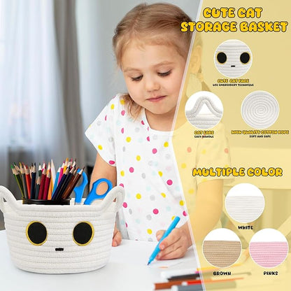 Small Storage Cute White Cat Cotton Rope Woven Basket for Nursery, Blanket Basket Organizer With Ears Toy Storage Bin Box 8.5×4.5 inches