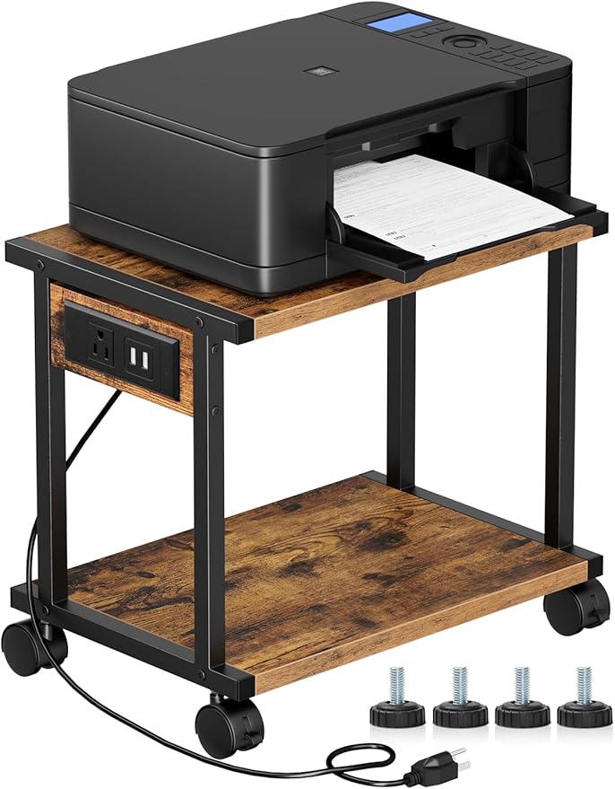2-Tier Printer Table with Charging Station for Home Office Organization - Small Stand with Wheels for Scanner, Under or Beside Desk Storage Cart - Rustic Brown