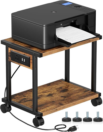 2-Tier Printer Table with Charging Station for Home Office Organization - Small Stand with Wheels for Scanner, Under or Beside Desk Storage Cart - Rustic Brown