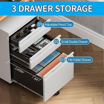 3 Drawer Mobile File Cabinet with Wheels, File Cabinet with Lock, Filing Cabinets for Home Office, Rolling Filing Cabinets Under Desk Storage for Letter/Legal/A4 Files
