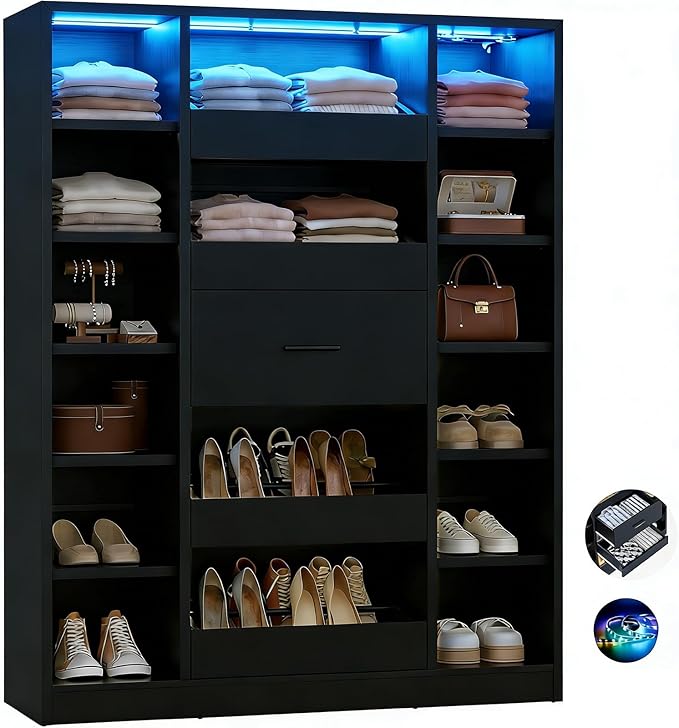 40" Closet System with LED Lights, Wooden Closet Organizer with 5 Drawers & 12 Shelves, Versatile Closet Storage Tower for Walk-in Closets, Shoe Rack and Handbag Storage Cabinet, Black