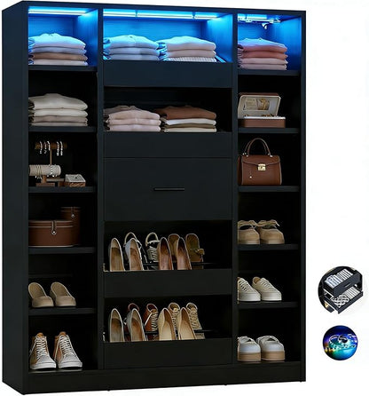 40" Closet System with LED Lights, Wooden Closet Organizer with 5 Drawers & 12 Shelves, Versatile Closet Storage Tower for Walk-in Closets, Shoe Rack and Handbag Storage Cabinet, Black