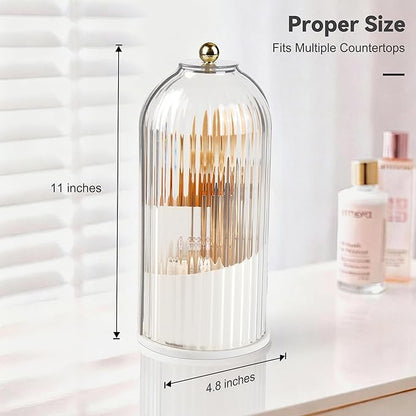 360° Rotating Makeup Brush Holder with Lid, Waterproof Three-Compartment Makeup Organizer, 180° Side-Pull Door Desk Organizer, Dustproof Brush Holder for Vanity and Bathroom (Transparent)