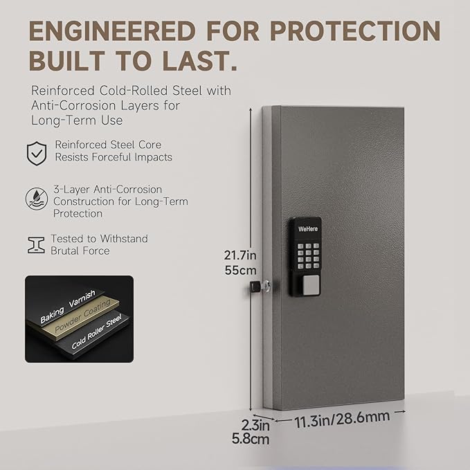WeHere 48-Key Smart Key Lock Box Wall Mount – Commercial Key Cabinet with App, Keypad, Bluetooth & WiFi Unlock (Sold Separately), Access Log Tracking, Key Management System for School, Rental, Office