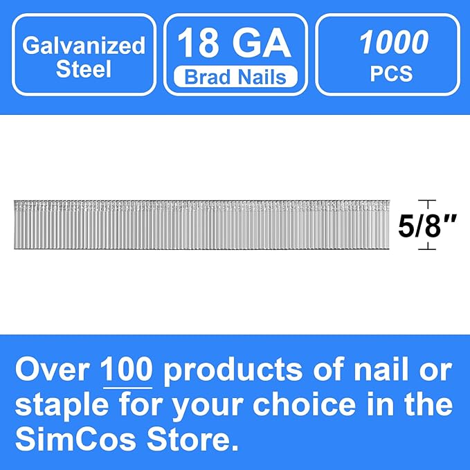18 Gauge Brad Nails 4 Sizes (2",1-1/2",1-1/4",3/4") Galvanized 18 GA Nail Gun Nails Assorted and Small Finishing Nails for Pneumatic, Electric Brad Nailer (5/8" - 1000 PCS)