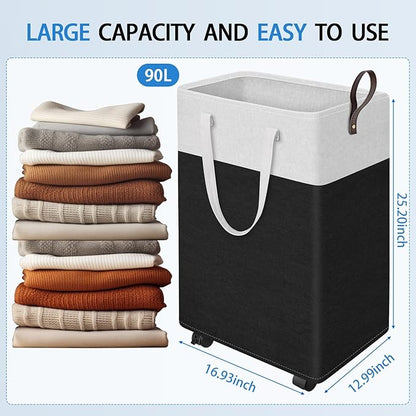 HomeHacks Laundry Basket with Wheels, Rolling Laundry Hamper, Collapsible & Waterproof Clothes Hamper, Narrow Corner Bins with Extended Handles for in the Family & Dorm 90L, Black