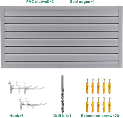 Slatwall Panel Garage Wall Organizer Storage Systems, Wall Mounted PVC Storage Rack with 5 Hooks, Interlocking Workshop Slat Wall Paneling Sheets Board Shelves Tools Organization-Grey(2’H x 4’W)