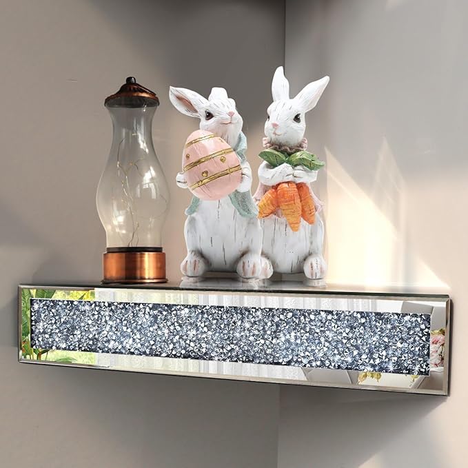 Mirrored Floating Conner Shelf, Silver Mirror Crushed Diamond Decorative Wall Shelf for Home Decoration Crystal Diamond Wall Art Decor Accent Piece Showcase 16.1" L×16.1" W×4.3" H, Set of 2