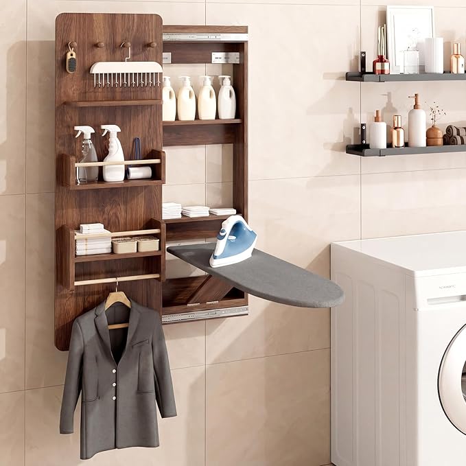 Wall Mounted Ironing Board Cabinet with Storage, Foldable Wall Ironing Board with Sliding Door, Wall Mount Space Saving Ironing Station for Laundry Room, Living Room, Entrance (Walnut)