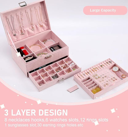 Jewelry Organizer Box for Women Girls, Jewelry Box 3-Tier Jewelry Display Case and Organizer,Lockable Jewelry Display Case Anti Tarnish,Varying Compartments for Necklaces, Bracelets, Rings
