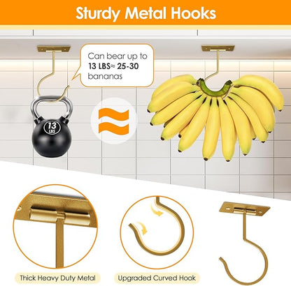 2PCS Self Adhesive Banana Hook Under Cabinet Foldable Banana Hanger Metal Under Counter Banana Hook to Keep Bananas Fresh Banana Holder for Kitchen RV Space Saving, Golden