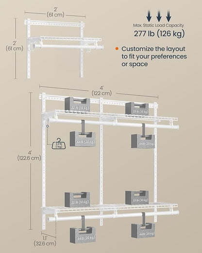 SONGMICS HOME Closet System, Closet Insert Organizer, 4-6 ft, Adjustable Metal Shelving Unit with 4 Hanging Rods, 4 Shelves, and Hooks, for Pantry Mudroom Garage Basement, Cloud White URGR031W01