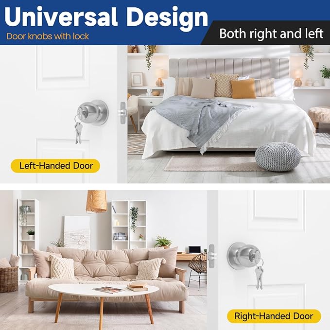 6 Pack Keyed Entry Door Knob with Lock and Key, Exterior and Interior Door Knob for Bedroom or Bathroom, Satin Nickel, Not Keyed Alike