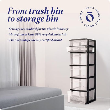 HOMZ Drawer Tower, 6-Tier Clear Plastic Storage Organizer Cart, Black Frame - Heavy-Duty Organizing Drawers for Home, Bedroom, and Closet Organization