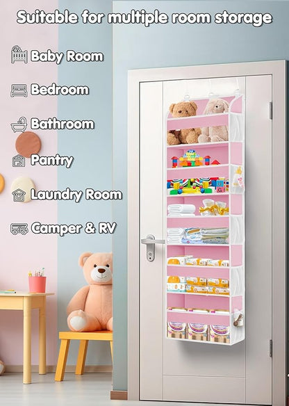 Pink Over the Door Organizer - 5-Tier Hanging Storage with Clear PVC Windows & 10 Mesh Pockets, Cute Closet Organizer for Makeup, Perfume, Toys, Perfect Pink Room Decor for Girl