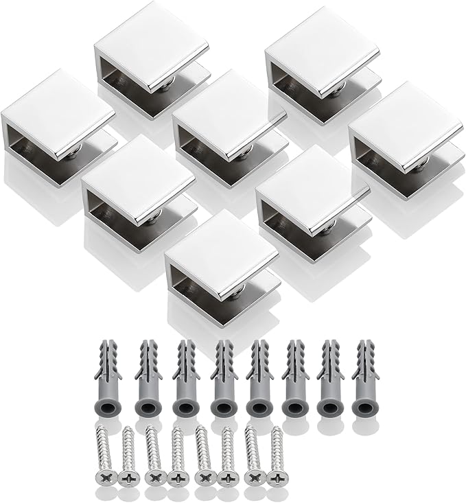 SAYAYO Glass Shelf Brackets Stainless Steel, Adjustable Railing Holder for 6-12 mm Wood/Glass Shelves, Heavy Duty Wall Mount Clamps Clip Support Hardware Replacement Parts Polished Chrome, 8Pcs