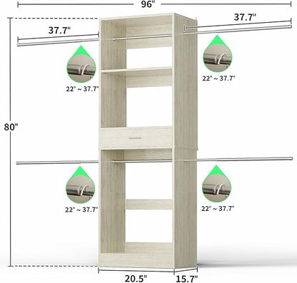 Unikito 96” Closet System, 8FT Walk in Closets Organizer Kit with 4 Extendable Hanging Rods and Drawer, Adjustable Wood Garment Rack, Sturdy Closet Insert, Easy Assembly, Max Load 1000 LBS, White Oak