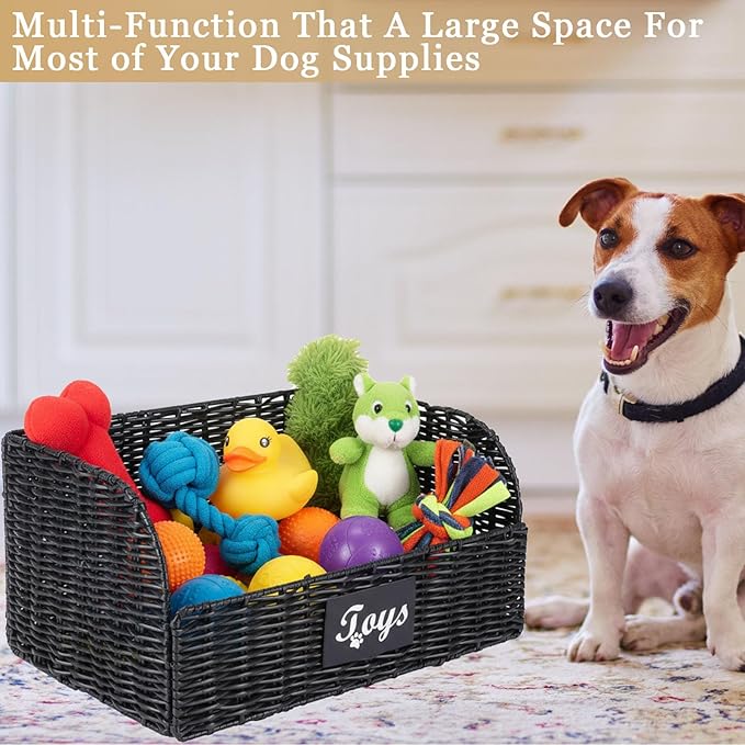 Dog Toy Basket Large Foldable Portable Rattan Dog Toy Storage Organizer for Living Room Bedroom Entryway Floor Corner Pet Toys Basket with Label, Dogs Toys Bin for Cats, Dogs and Pets-Black