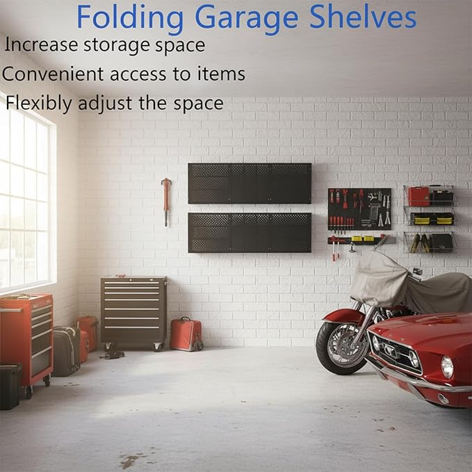 2-Pack Folding Shelving Wall Mounted 16x48 Inch, Heavy Duty Metal Wall Shelves,300lbs Capacity Storage Rack for Garage Organization System, Black